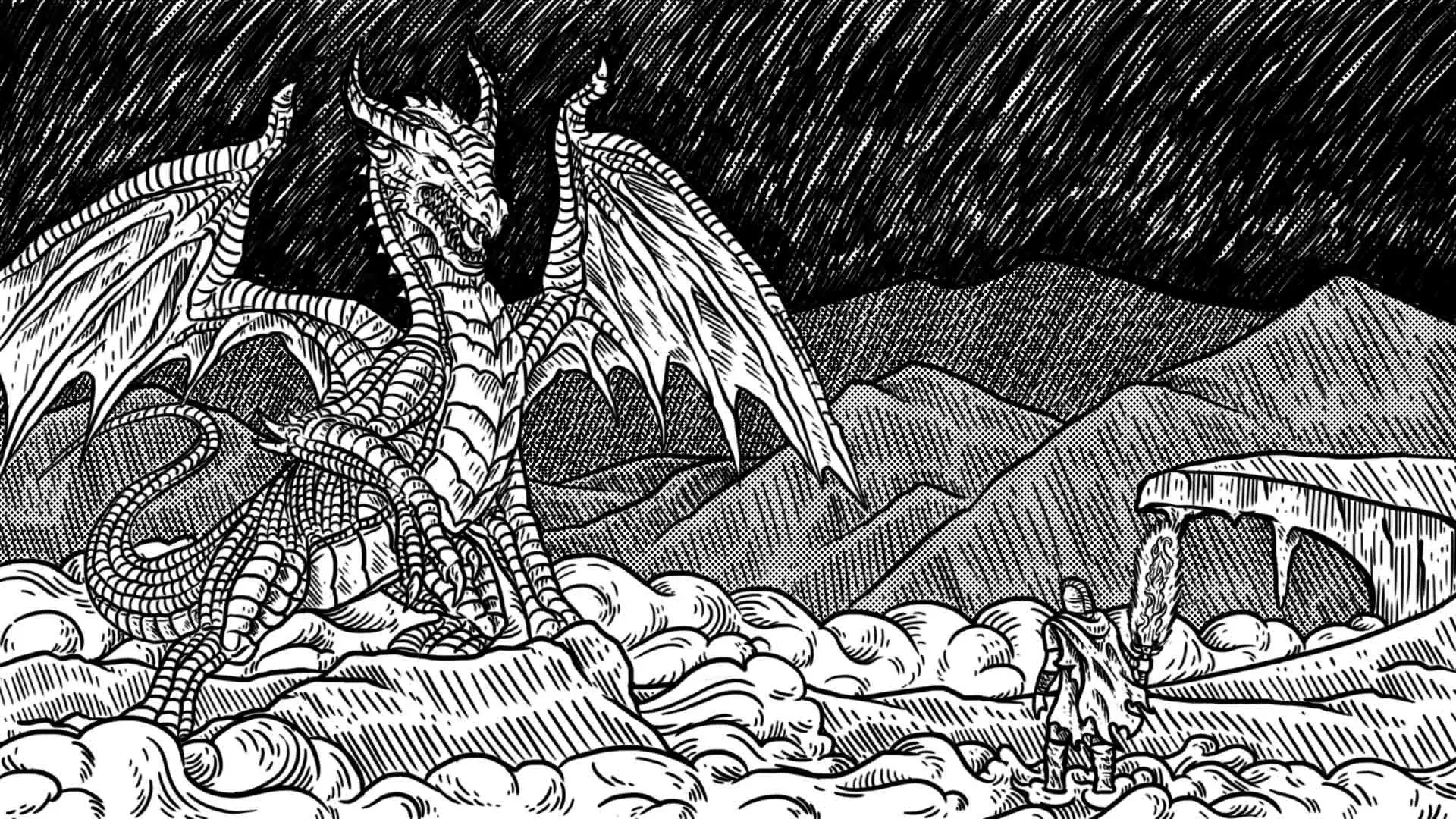 Illustration of a European dragon roaring over a cloudy mountain range. The cover photo for a dark fantasy short story written by Elias Fenic